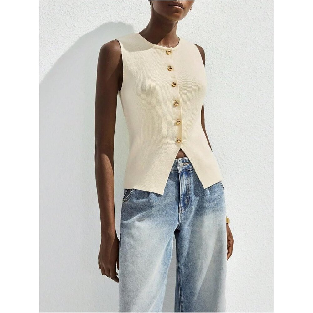Women's Knit Vest Top Sleeveless Button Down Vintage Old Money Style - Picture 5 of 5
